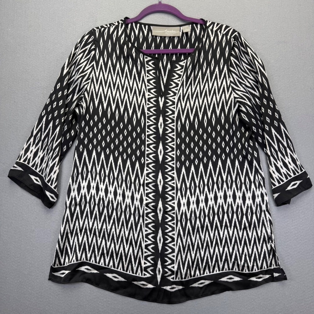 Travelers Collection by Chicos Black White Geometric Ikat‎ Split Neck Tunic 1 M